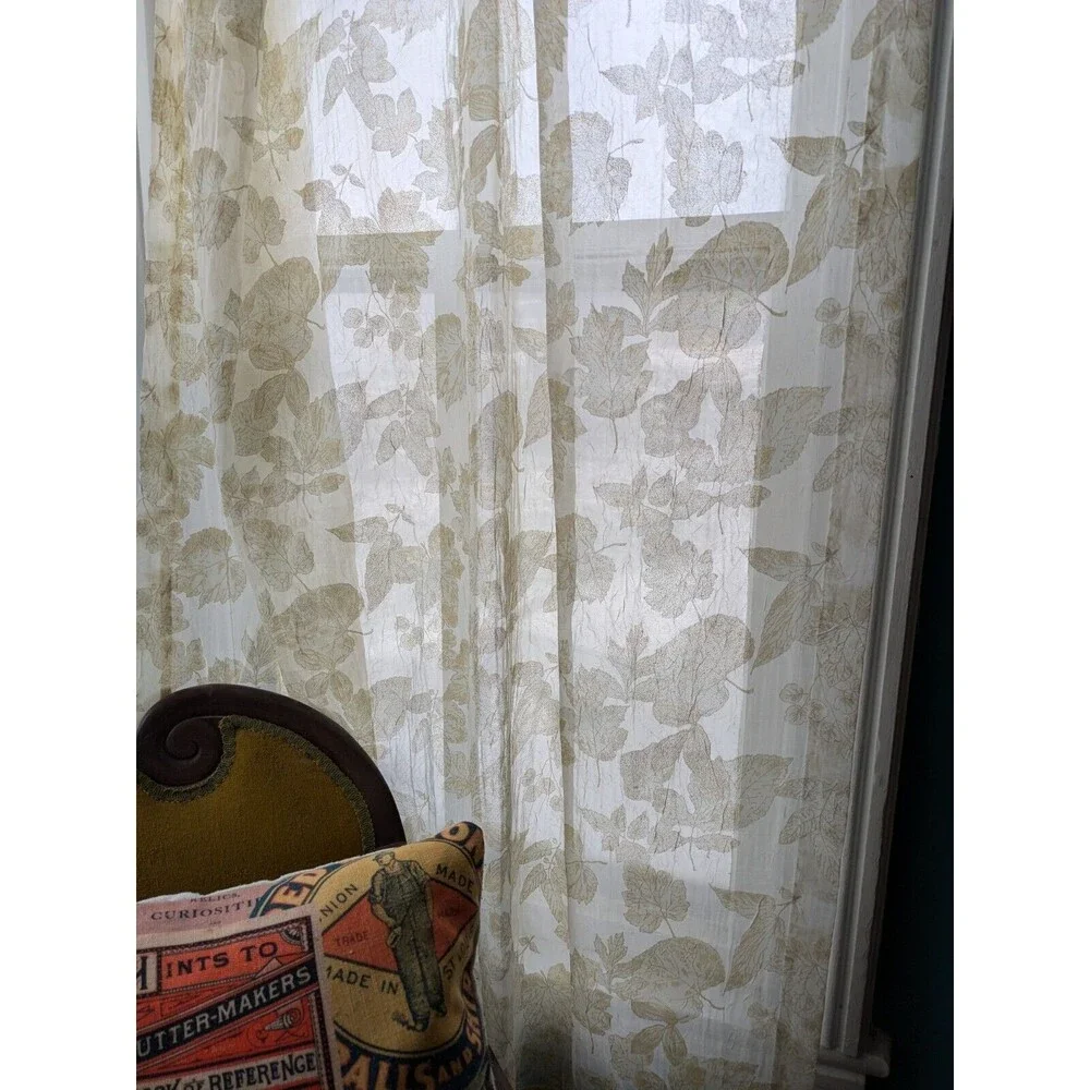 Vintage Croscill Sheer Curtain Panel Pair 84 x 45 Ivory & Gold Leaves Rod Pocket